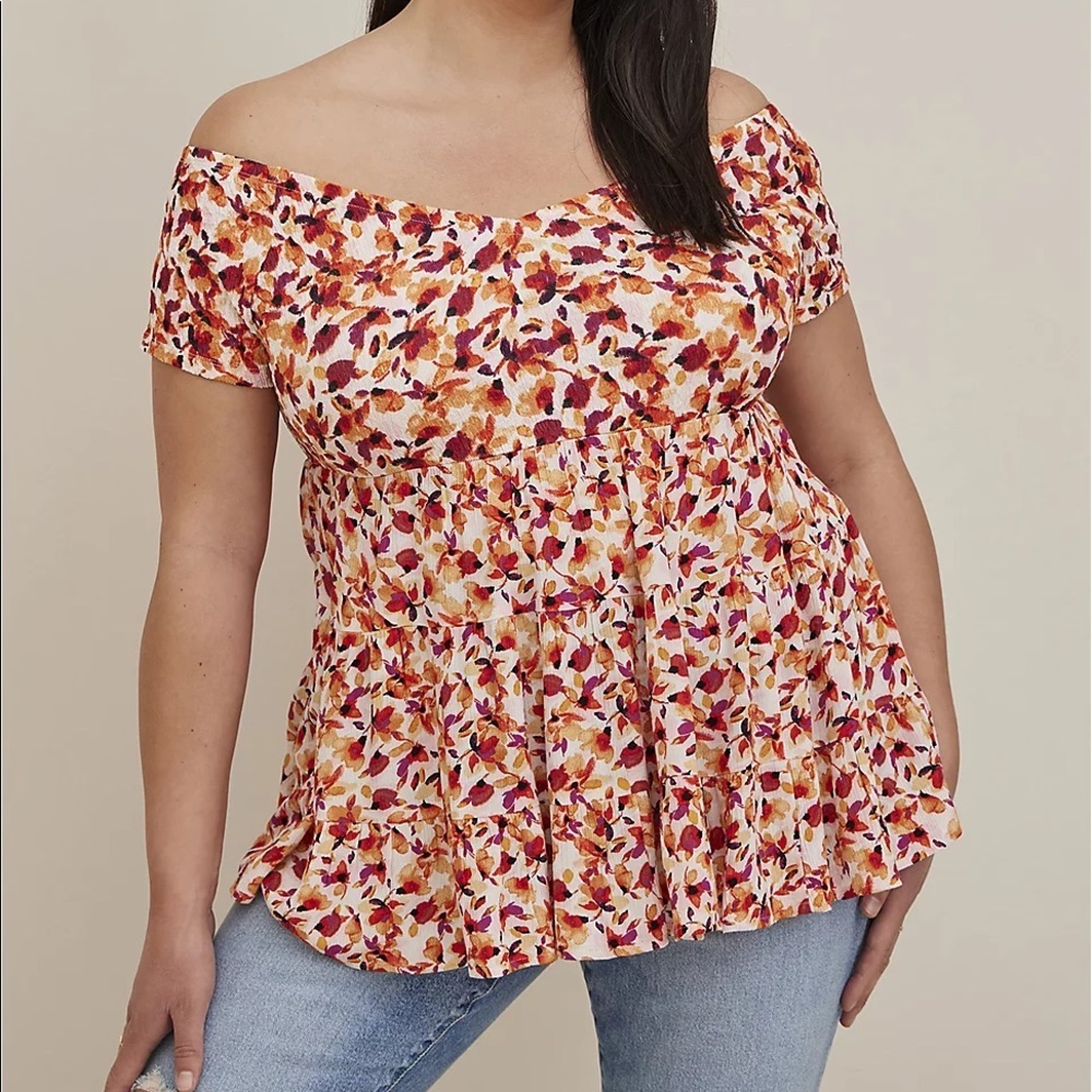 Torrid FABRIC MIX KNIT AND CRINKLE GAUZE OFF THE SHOULDER SMOCKED BODICE TOP New